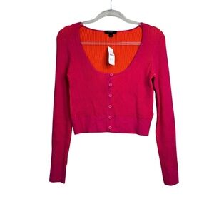 NWT J. Crew hot pink orange contrasting ribbed scoop neck cardigan sweater S C11